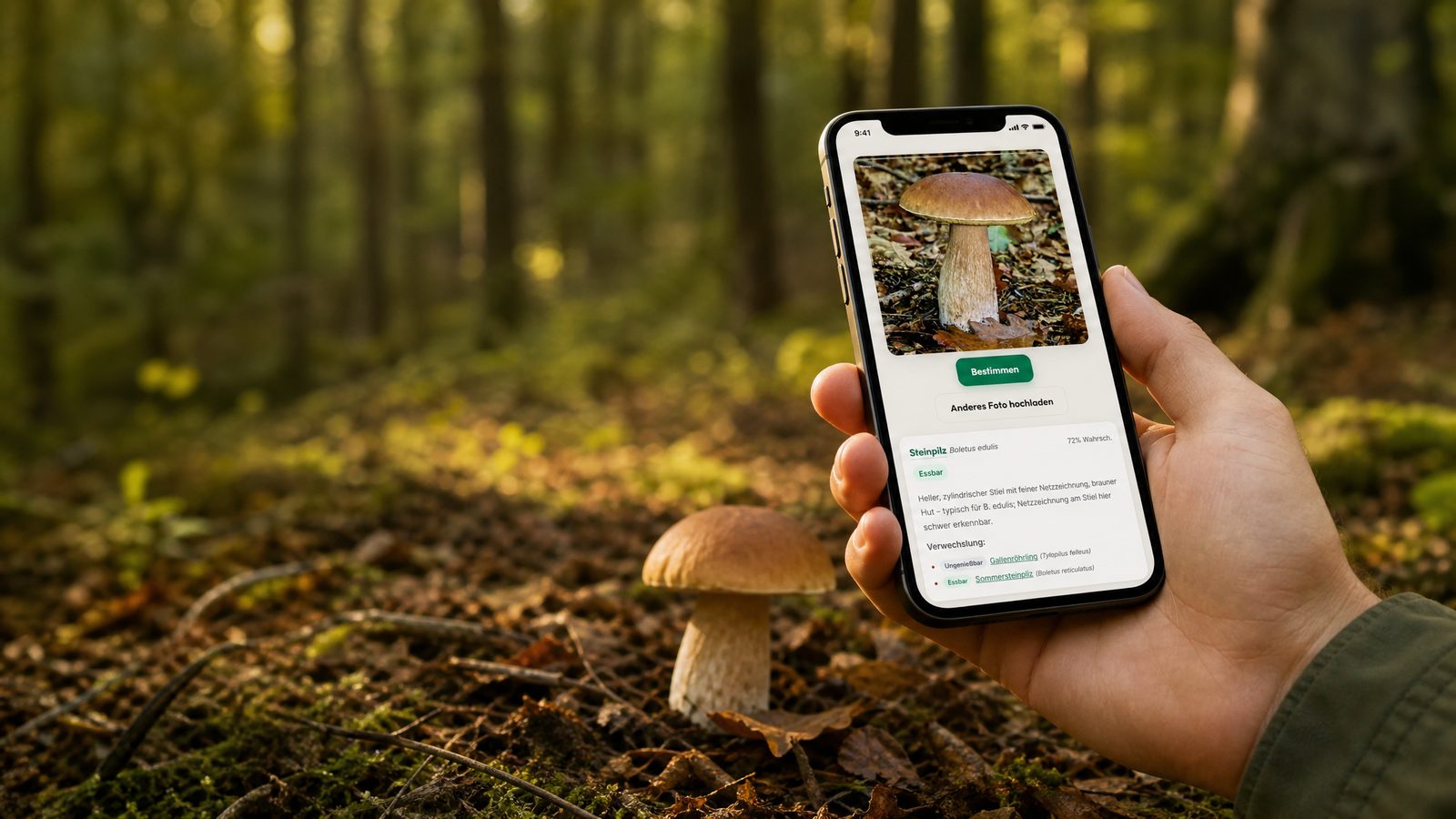Pilze bestimmen per Foto: PilzCheck erkennt einen Steinpilz im Wald am Smartphone